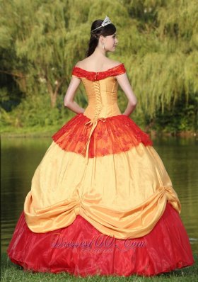 Colorful Shoulder Neckline Quinceanera Dress With Appliques