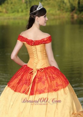 Colorful Shoulder Neckline Quinceanera Dress With Appliques