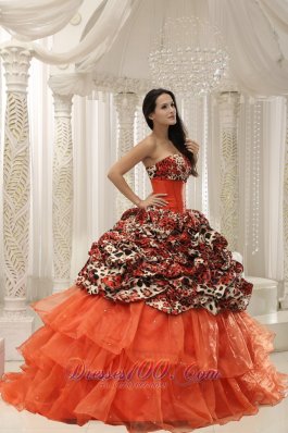 Organza Upscale Beaded Decorate Leopard Quinceanera Dress