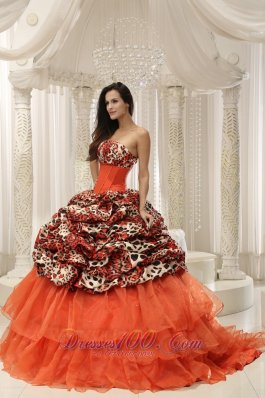 Organza Upscale Beaded Decorate Leopard Quinceanera Dress