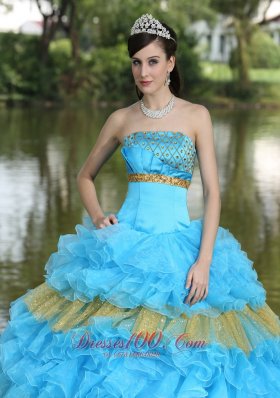 Showy Organza Aqua Blue Strapless Tiered Quinceanera Dress