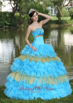 Showy Organza Aqua Blue Strapless Tiered Quinceanera Dress