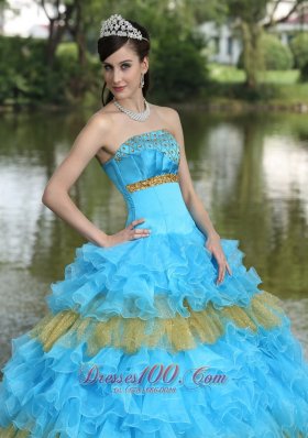 Showy Organza Aqua Blue Strapless Tiered Quinceanera Dress