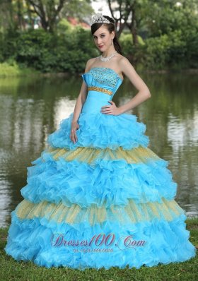 Showy Organza Aqua Blue Strapless Tiered Quinceanera Dress