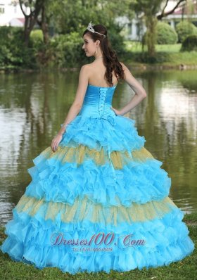 Showy Organza Aqua Blue Strapless Tiered Quinceanera Dress