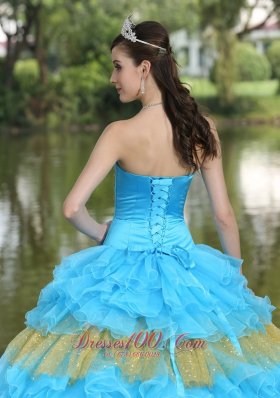 Showy Organza Aqua Blue Strapless Tiered Quinceanera Dress