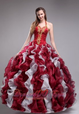 Inexpensive Wine Red Quinceanera Dress Halter Organza Applqiues