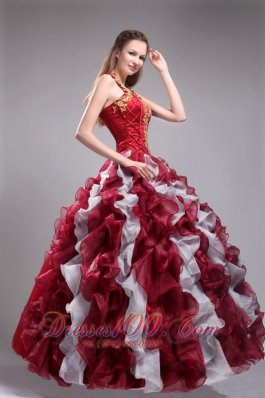 Inexpensive Wine Red Quinceanera Dress Halter Organza Applqiues