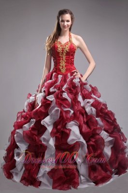 Inexpensive Wine Red Quinceanera Dress Halter Organza Applqiues