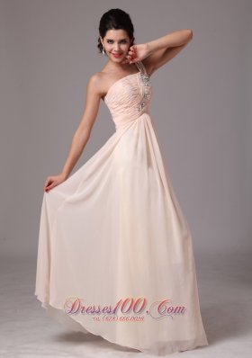 One Shoulder Champagne Beaded Chiffon Prom Gowns