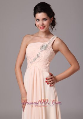 One Shoulder Champagne Beaded Chiffon Prom Gowns