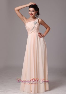 One Shoulder Champagne Beaded Chiffon Prom Gowns