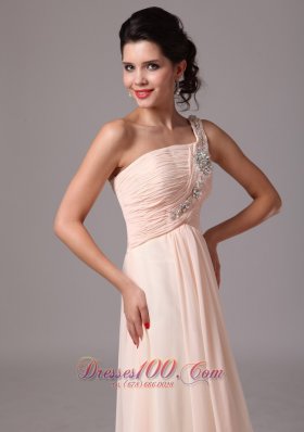 One Shoulder Champagne Beaded Chiffon Prom Gowns