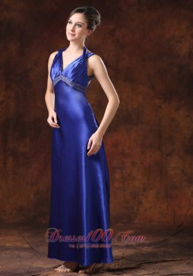 Royal Blue Beaded Halter Column Evening Dress