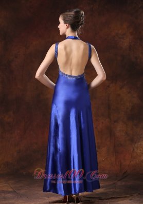 Royal Blue Beaded Halter Column Evening Dress