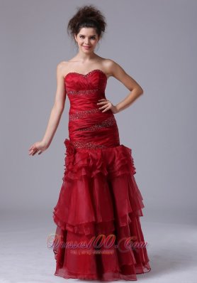 Mermaid Ruffled Wine Red Beading Dress for Prom