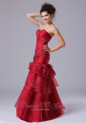 Mermaid Ruffled Wine Red Beading Dress for Prom