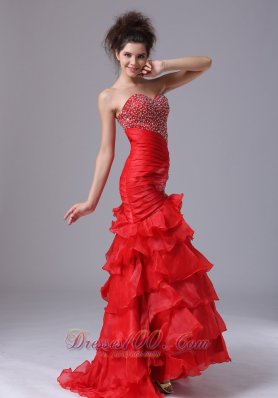 Mermaid Bright Red Ruffled Asymmetrical Prom Pageant Dress