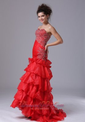 Mermaid Bright Red Ruffled Asymmetrical Prom Pageant Dress