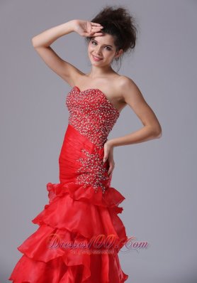 Mermaid Bright Red Ruffled Asymmetrical Prom Pageant Dress