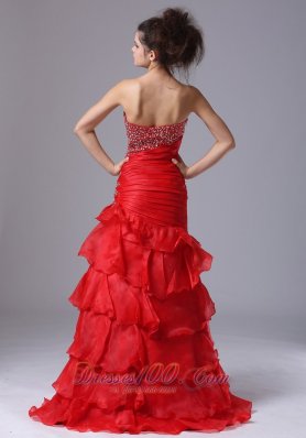 Mermaid Bright Red Ruffled Asymmetrical Prom Pageant Dress