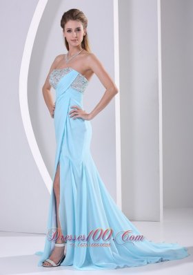 Light Blue High Slit Beading Celebrity Dress Party Style