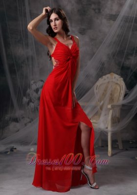 Blood Red Ruched Prom Celebrity Dress Chiffon Beading