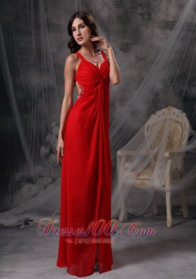 Blood Red Ruched Prom Celebrity Dress Chiffon Beading