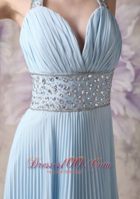 Halter Baby Blue Pleated Prom Evening Dress Chiffon Beading