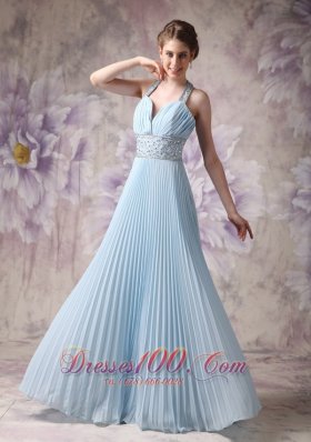 Halter Baby Blue Pleated Prom Evening Dress Chiffon Beading