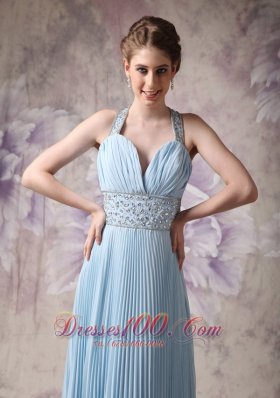 Halter Baby Blue Pleated Prom Evening Dress Chiffon Beading