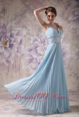 Halter Baby Blue Pleated Prom Evening Dress Chiffon Beading