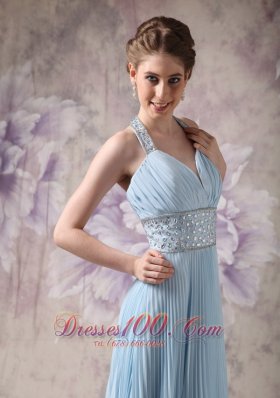 Halter Baby Blue Pleated Prom Evening Dress Chiffon Beading