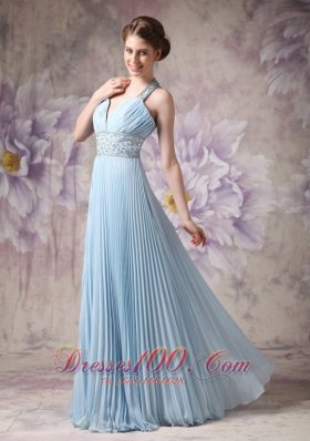 Halter Baby Blue Pleated Prom Evening Dress Chiffon Beading