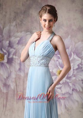 Halter Baby Blue Pleated Prom Evening Dress Chiffon Beading