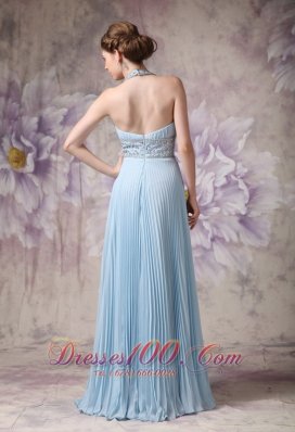 Halter Baby Blue Pleated Prom Evening Dress Chiffon Beading