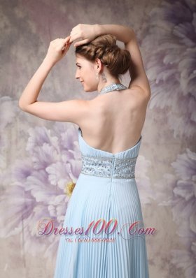 Halter Baby Blue Pleated Prom Evening Dress Chiffon Beading