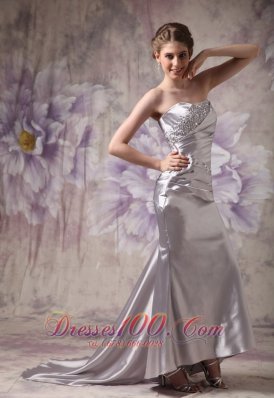 Silver Strapless Evening Dress Taffeta Beading Brush Train