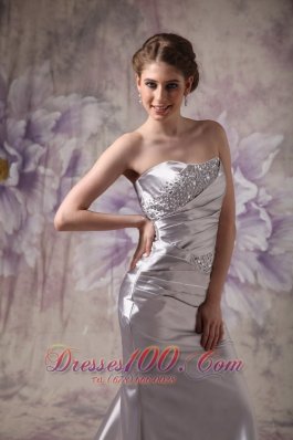 Silver Strapless Evening Dress Taffeta Beading Brush Train