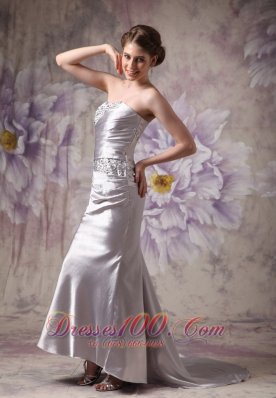 Silver Strapless Evening Dress Taffeta Beading Brush Train