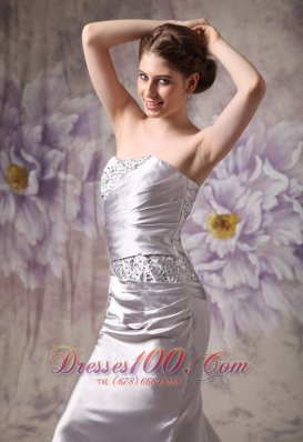 Silver Strapless Evening Dress Taffeta Beading Brush Train