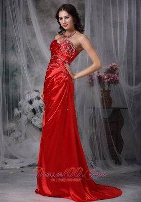 Blood Red Brush Train Taffeta Beading Prom Dress