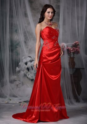 Blood Red Brush Train Taffeta Beading Prom Dress