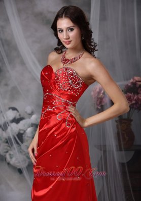 Blood Red Brush Train Taffeta Beading Prom Dress