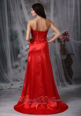 Blood Red Brush Train Taffeta Beading Prom Dress