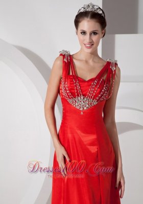 Straps Red Prom Evening Dress Satin Beading Floor-length