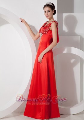 Straps Red Prom Evening Dress Satin Beading Floor-length