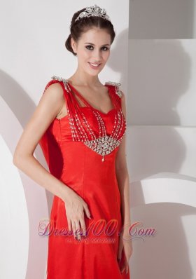 Straps Red Prom Evening Dress Satin Beading Floor-length