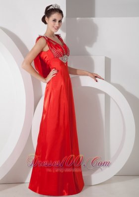 Straps Red Prom Evening Dress Satin Beading Floor-length