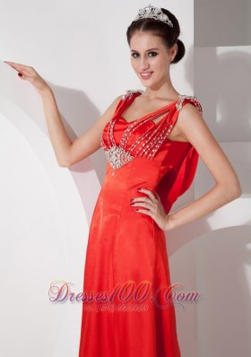 Straps Red Prom Evening Dress Satin Beading Floor-length